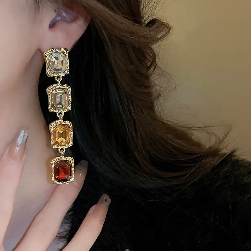 Crystal Inlaid Square Set Necklace and Earrings Fashionable Temperament Splicing Clavicle Chain Jewelry Decoration for Women