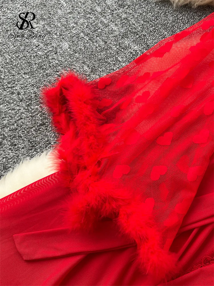 SINGREINY Women Elegant Sheer Sexy Cardigan Robes Wools Spliced Long Sleeve Shawls Fashion French Gauze Transparent Long Robes