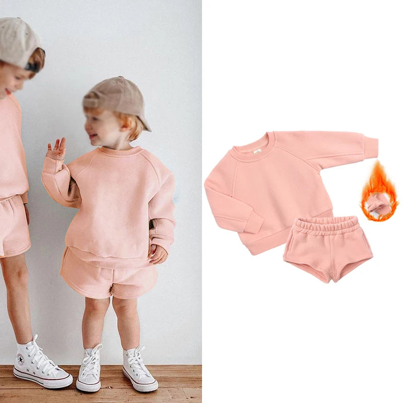 2025 New Winter Kids Boys Girls Clothes 2 Pieces Tracksuit Outfits Set Solid Top Sweatshirt+Elastic Joggers Shorts Causal Suit