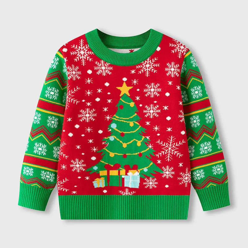 Kids Christmas Plush Pullover Sweater Warm Winter Autumn Cartoon Print Green O-Neck Unisex Clothing for Boys And Girls 2-7 Years