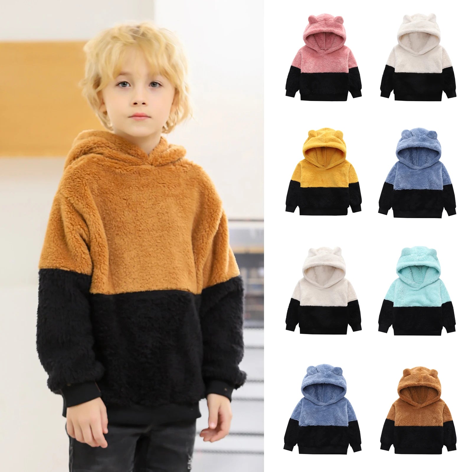 Kids' Color Block Hoodie Plush Winter Top Autumn Casual Fashion Plush Pullover Sweatshirt Fall Hoodies for Boys and Girls 2-8Y