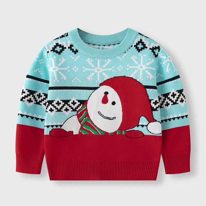 Kids Christmas Plush Pullover Sweater Warm Winter Autumn Cartoon Print Green O-Neck Unisex Clothing for Boys And Girls 2-7 Years