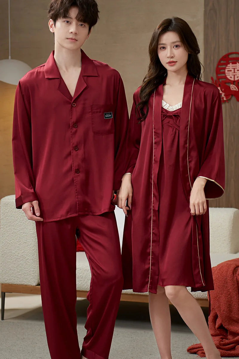 Couple Lounge Sleep Wear Silk Pajamas Set Men Shirt Pants Women Sling Nightdress Robes Wedding Sleepwear