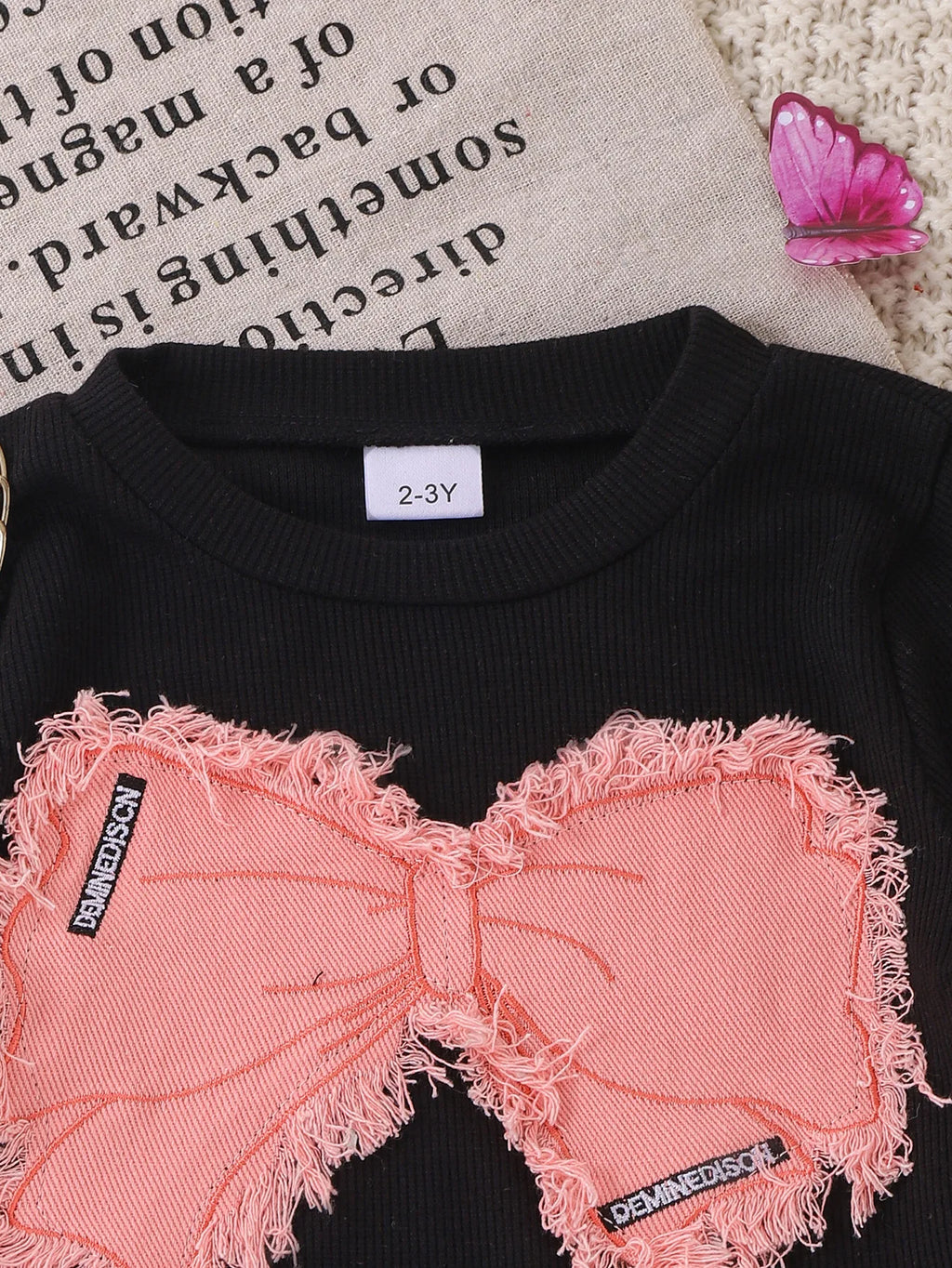 Kids Girls Two-piece Set Butterfly Appliqué Top with Cargo Pants Children Autumn and Winter Trousers New 2pcs/set Fashionable