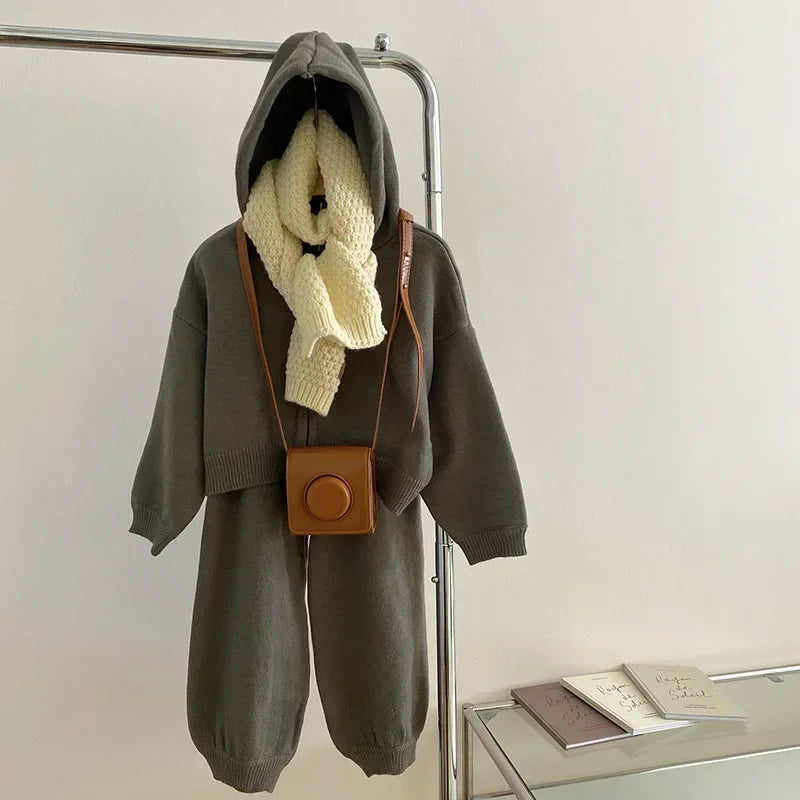 Children Clothing 2022 Autumn Winter Girls Casual Sweater Set Hooded Knitted Coat and Pants Two Piece Set Korean Kids Clothes