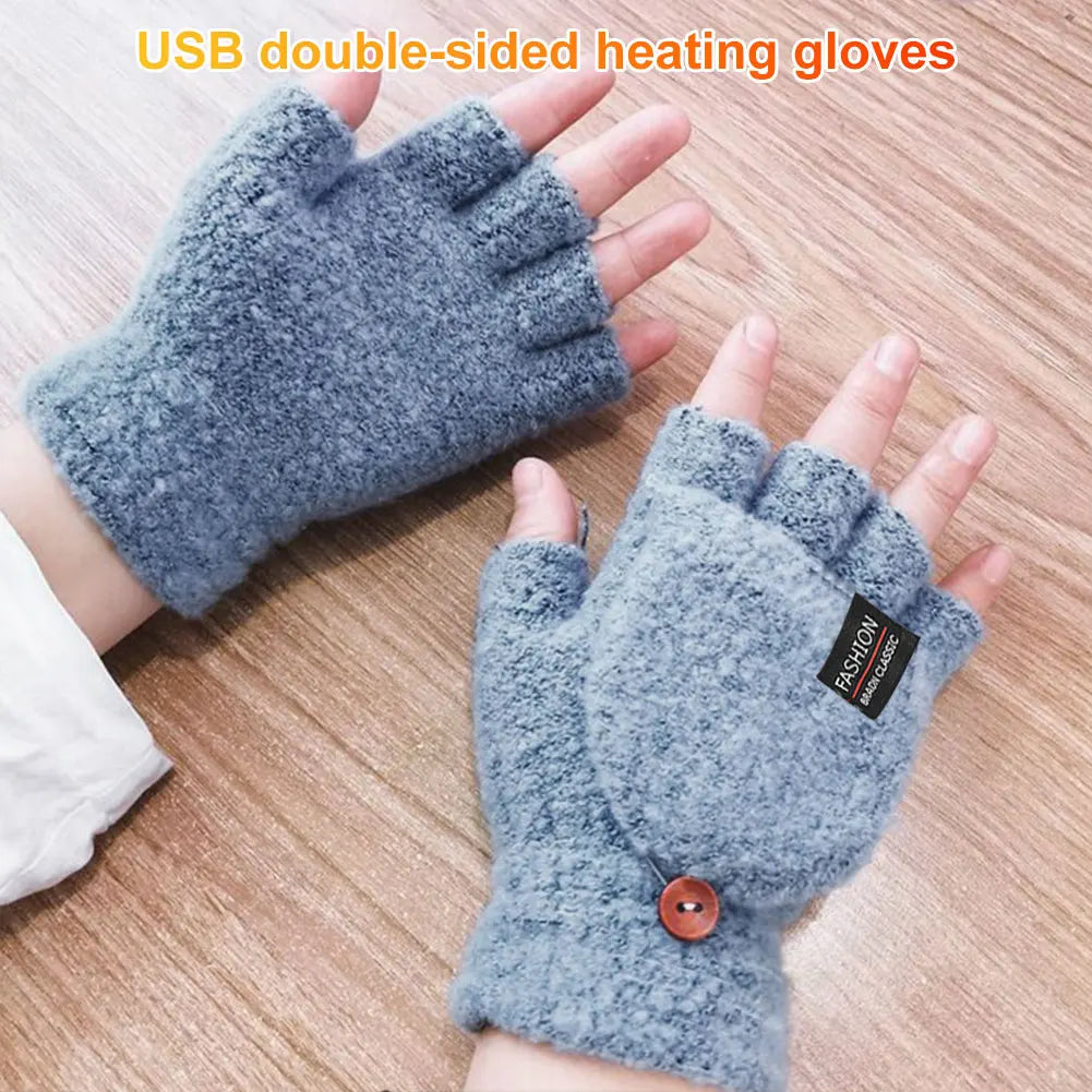 USB Electric Heated Gloves Touchscreen Double-Sided Heating Gloves Fingerless Hands Warmer Winter Skiing Cycling Thermal Gloves