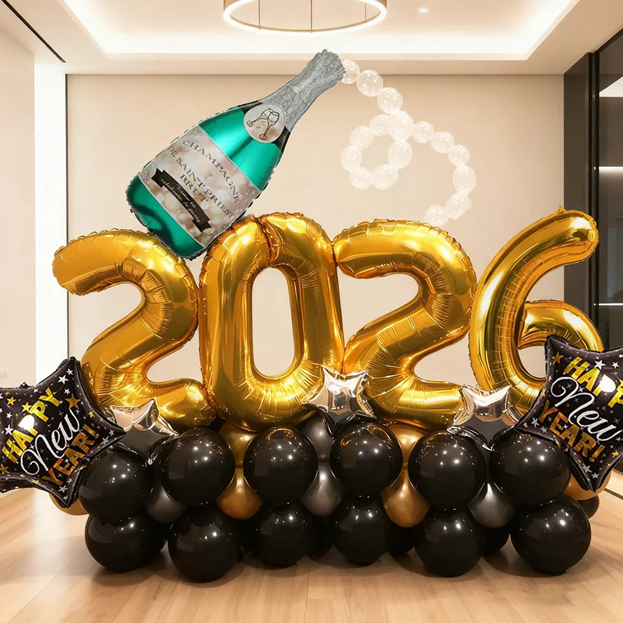 2026 New Year Party Balloon Set Wine Bottle Shaped Aluminum Film Balloon Gold Silver Black Balloon New Year Carnival Decoration