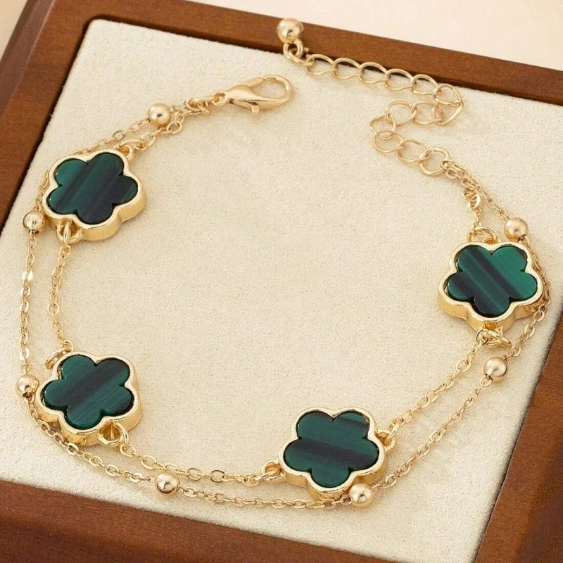 Elegant Double Layer Five-Leaf Clover Anklet for Women Exquisite Lucky Floral Summer Beach Hoilday Jewelry Gifts