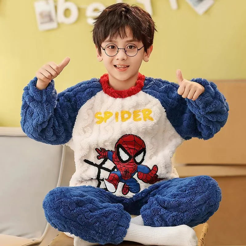 New Autumn Winter Children Flannel Pajama Set Teen Boys Cartoon Spiderman Velvet Thicken Long Sleeves Pants 2pcs Kids Sleepwear