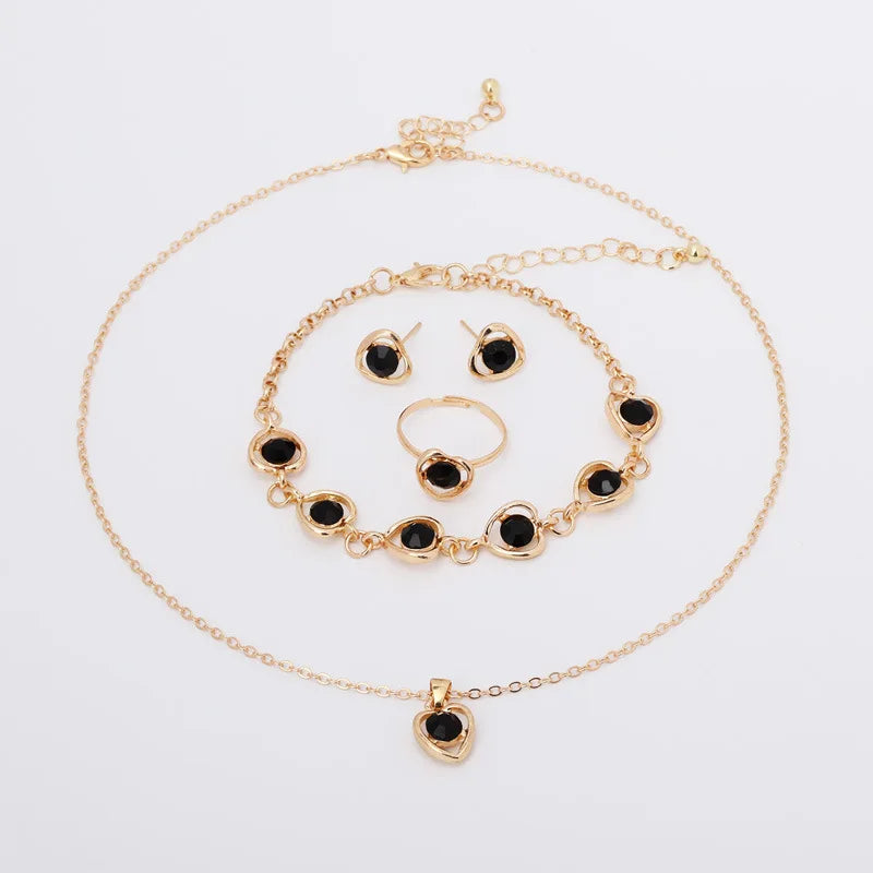 Women Crystal Love Jewelry 4 Piece Set Fashionable Elegant High End Peach Heart Necklace Earrings Rings Bracelets Necklace Set