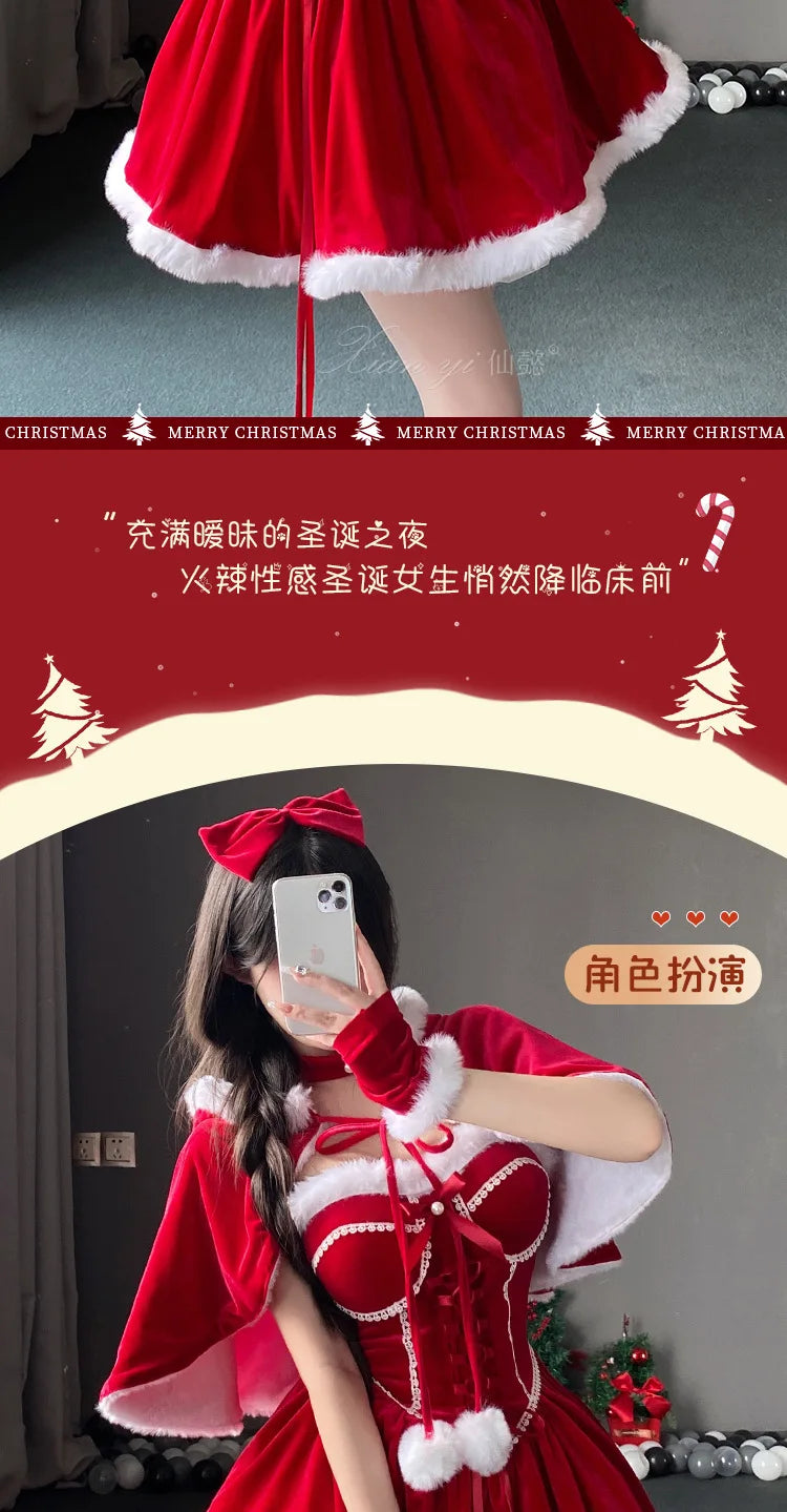 Cute Chic Lady Christmas Tube Dress Women Santa Claus Cosplay Costume with Fur cape New Year Lolita Party Costume
