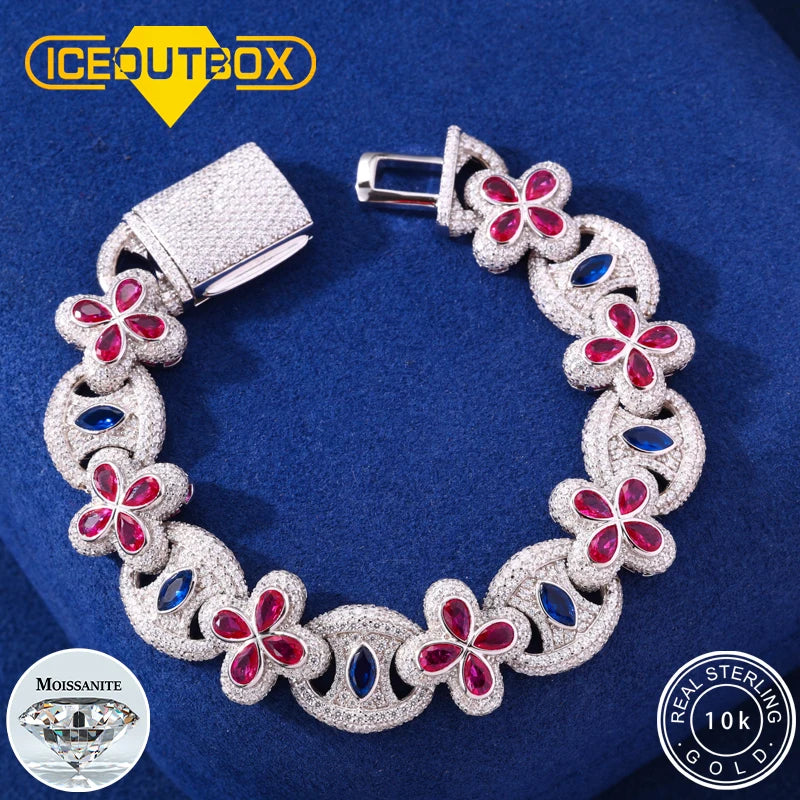 New 925 Sterling Sterling Lucky Clover Bracelet Iced Out Bling Moissanite Evil Eye Link Chain Luxury Hip Hop Party Jewelry Gifts