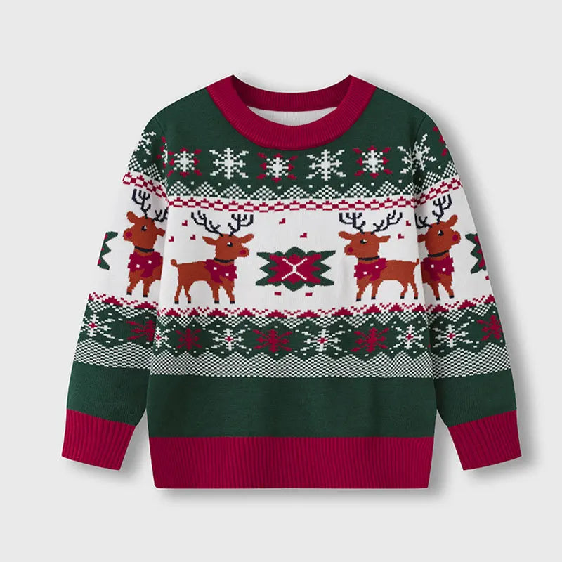 Kids Christmas Plush Pullover Sweater Warm Winter Autumn Cartoon Print Green O-Neck Unisex Clothing for Boys And Girls 2-7 Years