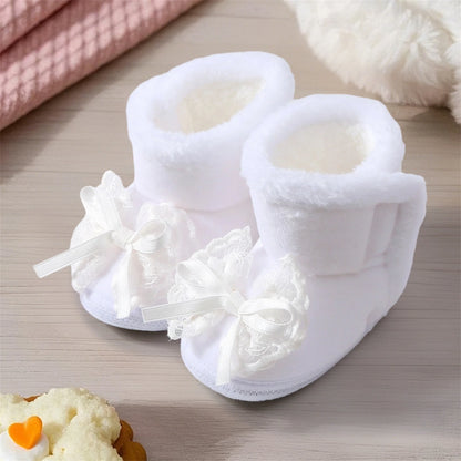 Cute Baby Girls Winter Boots Warm Faux Fur Lined Soft Sole Bowknot Non-slip First Walker Shoes for Toddler Girls