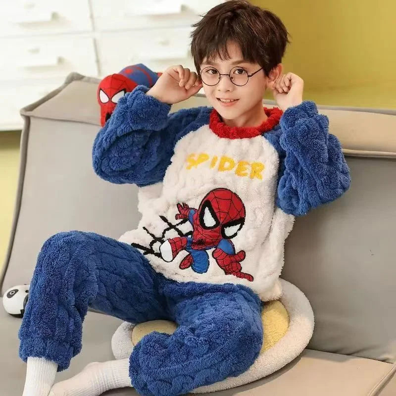 New Autumn Winter Children Flannel Pajama Set Teen Boys Cartoon Spiderman Velvet Thicken Long Sleeves Pants 2pcs Kids Sleepwear