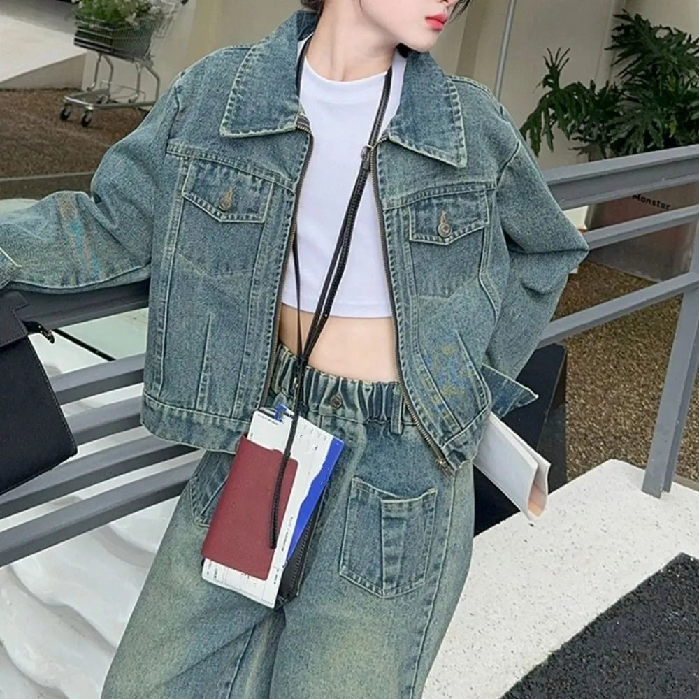 Two Pieces Set Y2K Children Cowboy Set Wide Leg Pants Loose Jeans Jacket Suit Teens Retro Girls Clothes Set Party