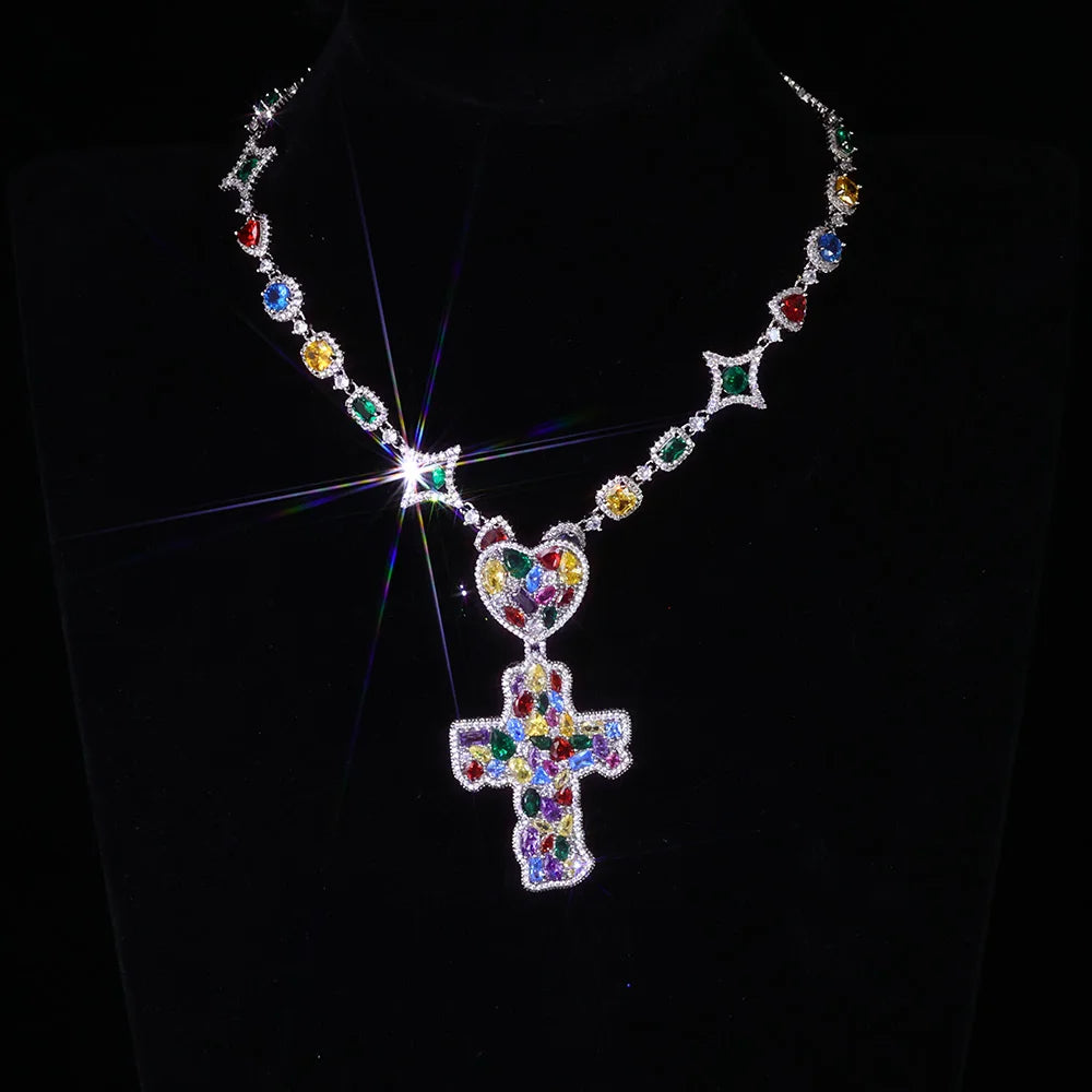 Trendy New Arrivals Cross Pendant Necklace Fancy Cut Diamonds Fashion Iced Out Multi-Colored Gemstones Chain Hip Hop Jewelry