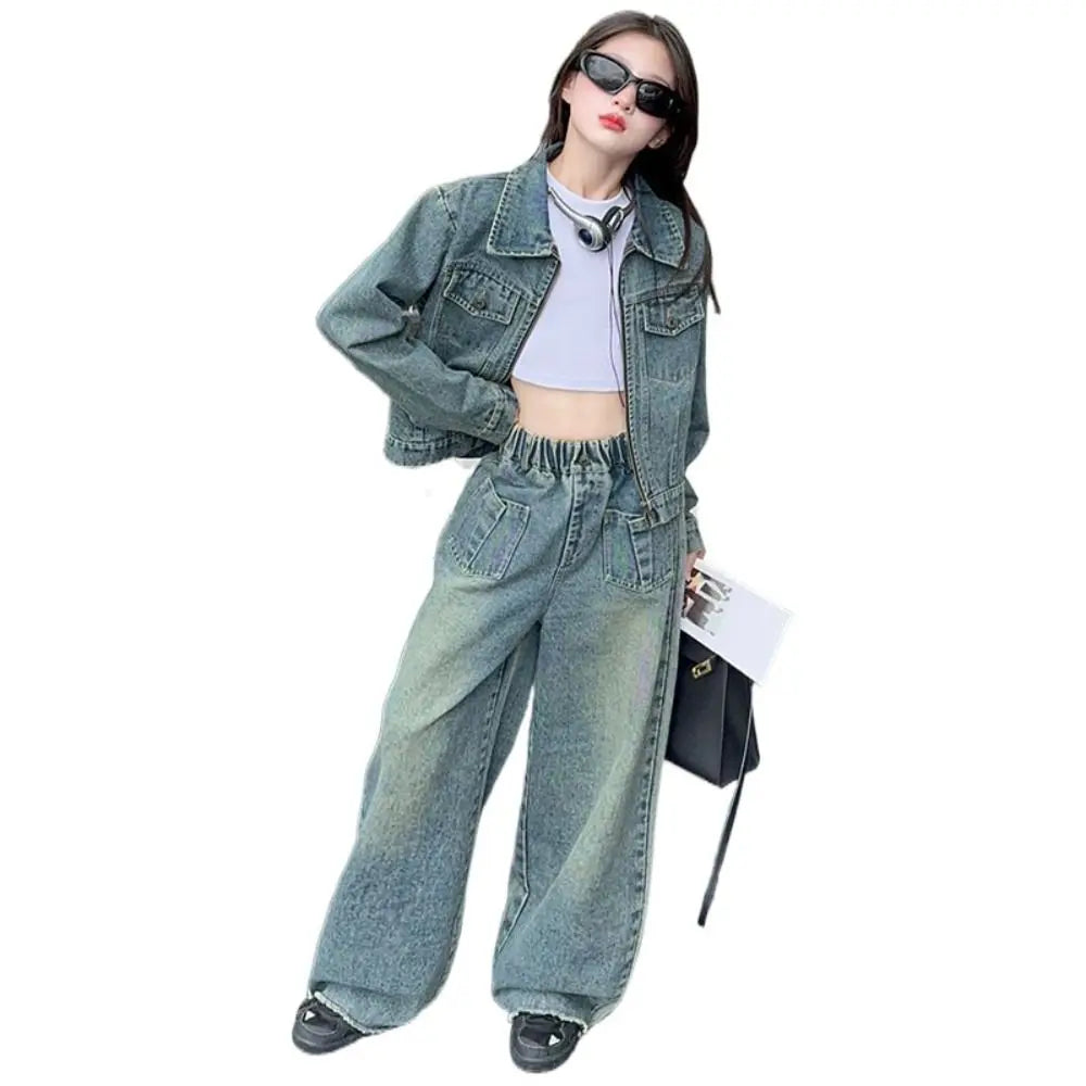 Two Pieces Set Y2K Children Cowboy Set Wide Leg Pants Loose Jeans Jacket Suit Teens Retro Girls Clothes Set Party