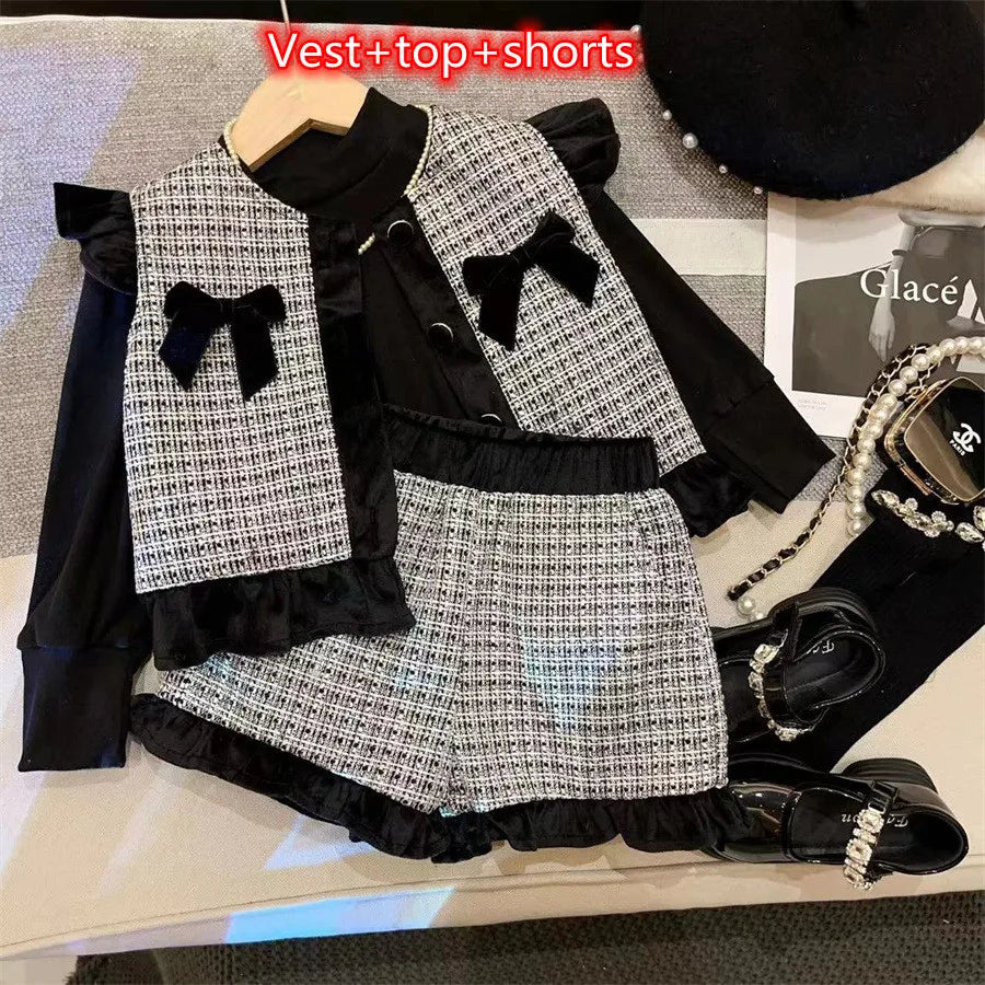 New Girls Autumn Winter Plaid Three Piece Set Solid Long Sleeves Top Boutique Vest Sister Matching Fashion Shorts for Girl