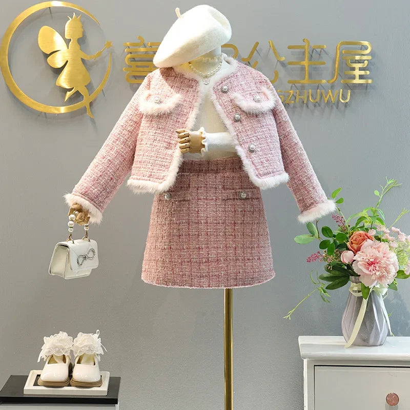 Kids 2Pcs Tweed Clothes Sets Girl Fashion Spring Winter Children Suits for 1-10Ys Elegant Sweet Outfit Kids Clothes