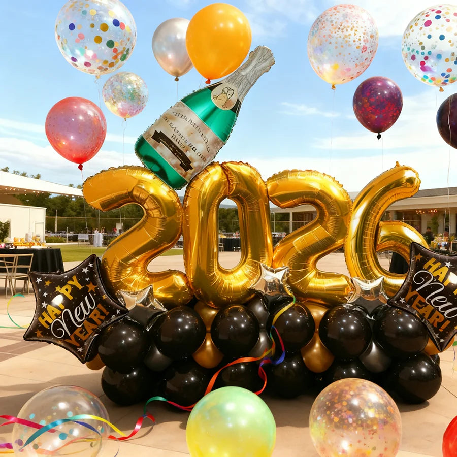 2026 New Year Party Balloon Set Wine Bottle Shaped Aluminum Film Balloon Gold Silver Black Balloon New Year Carnival Decoration