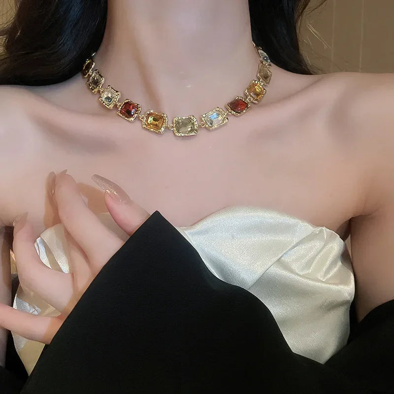 Crystal Inlaid Square Set Necklace and Earrings Fashionable Temperament Splicing Clavicle Chain Jewelry Decoration for Women