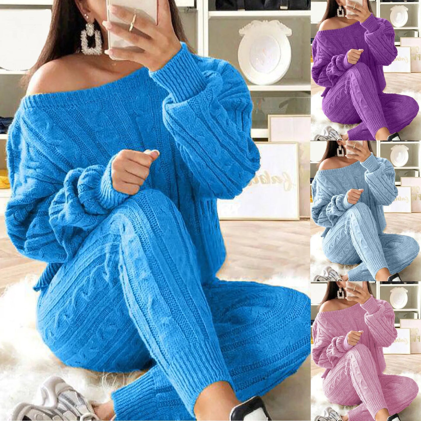 Knitted Pantsuit 2024 Ladies Solid Color Round Neck Cable Warm Sweater High Waisted Tight Elastic Bodysuit Slim Women Trousers