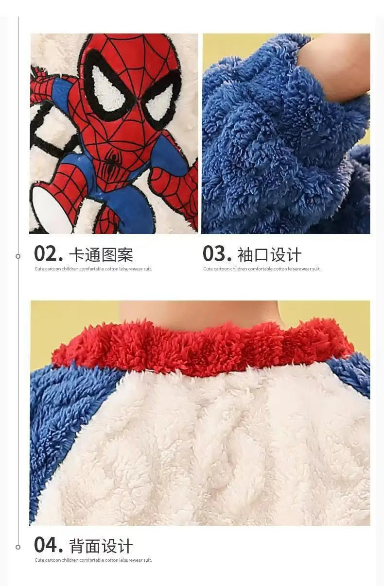 New Autumn Winter Children Flannel Pajama Set Teen Boys Cartoon Spiderman Velvet Thicken Long Sleeves Pants 2pcs Kids Sleepwear