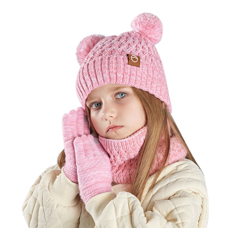 3Pcs Winter Kids Hat Set for Girls Boys Warm Knitted Children Beanie Scarf Gloves Fleece Lining Pompom Children Cap 4-10Y
