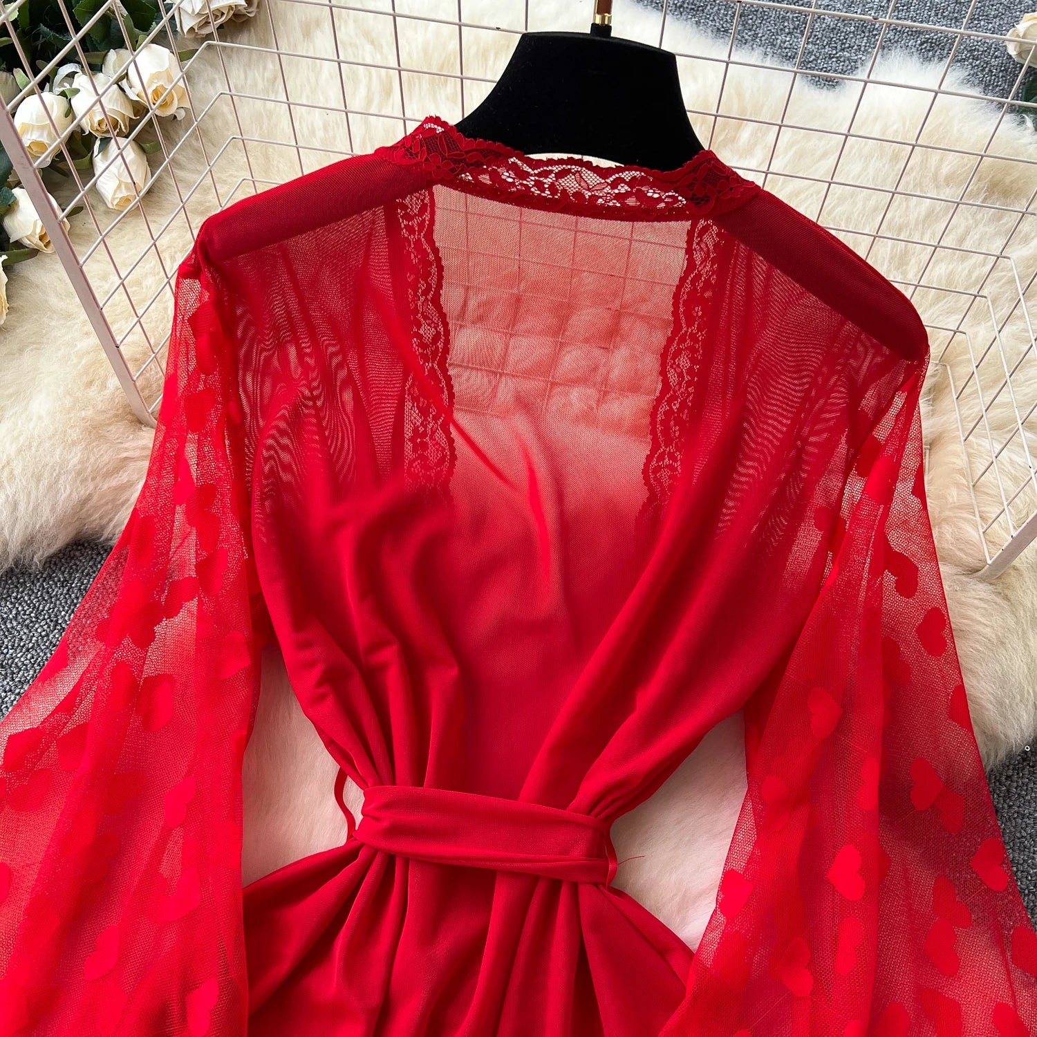 SINGREINY Women Elegant Sheer Sexy Cardigan Robes Wools Spliced Long Sleeve Shawls Fashion French Gauze Transparent Long Robes