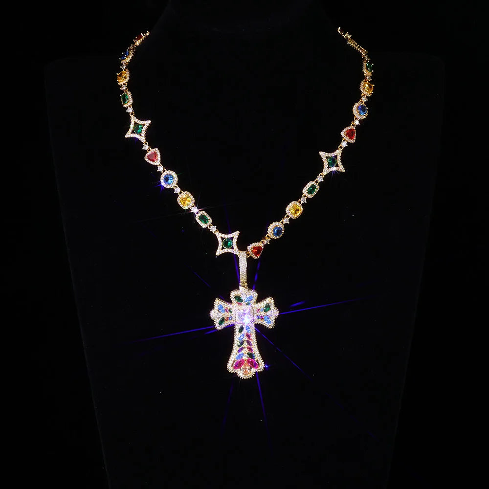 Trendy New Arrivals Cross Pendant Necklace Fancy Cut Diamonds Fashion Iced Out Multi-Colored Gemstones Chain Hip Hop Jewelry