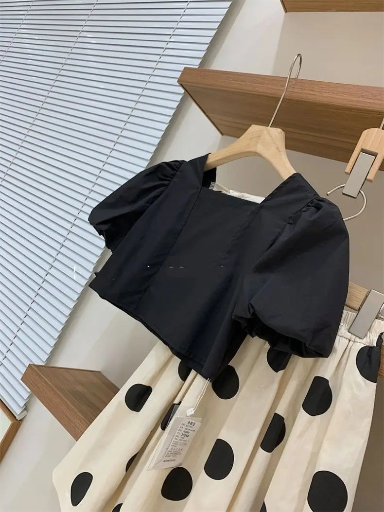 Teenage Girl Clothing Set Summer New Cotton Square Neck Bubble Sleeve Top Dot Half Skirt 2-piece Set Children's Skirt Set