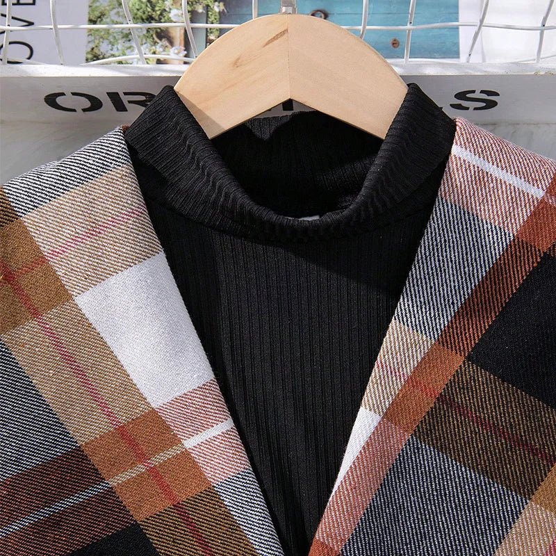 Three Piece Set For Winter Girls Cute And Warm Elegant Plaid Jacket High Necked Knitted Long Sleeved Pants Princess Party Dress