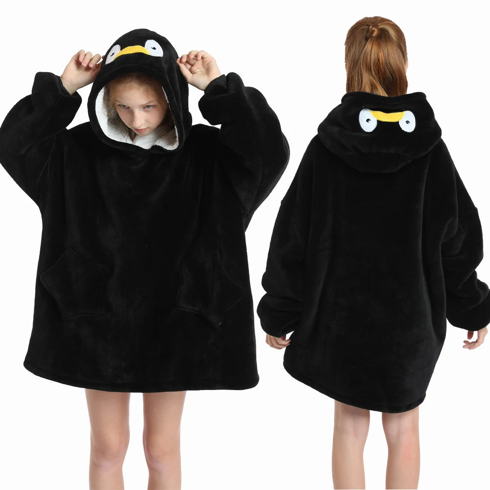 New Winter Oversized Hoodies for Girls Children Warm Soft Animal Cartoon Sweatshirts Girls Outwear Penguin Avocado Panda Hoodie