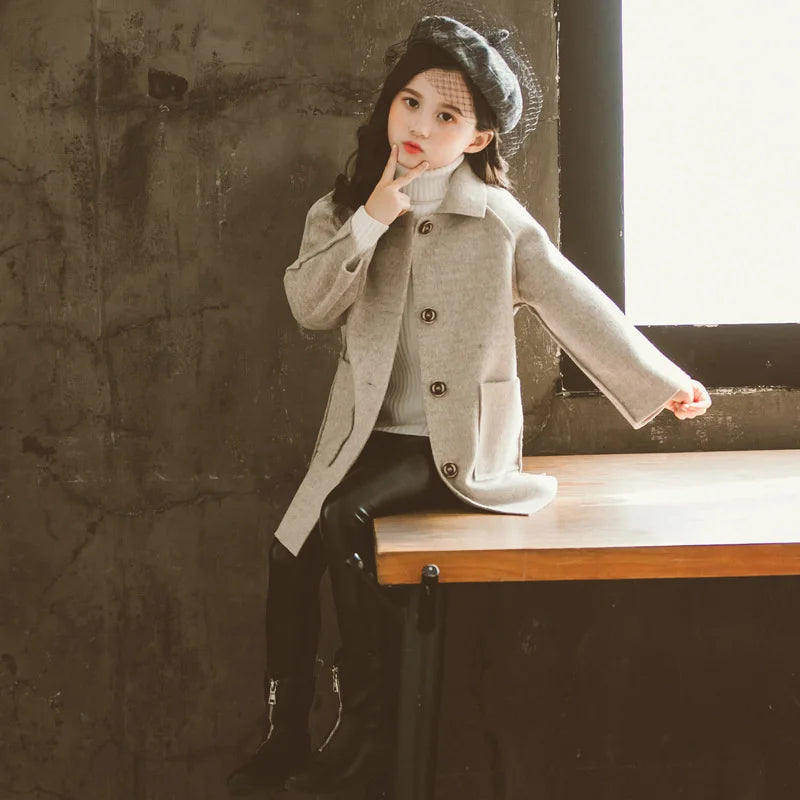 Winter Kids Tweed Coats Autumn Girls Warm England Style Mid-Length Jackets Teen Fashion Outerwear Child 5-12 Years Old