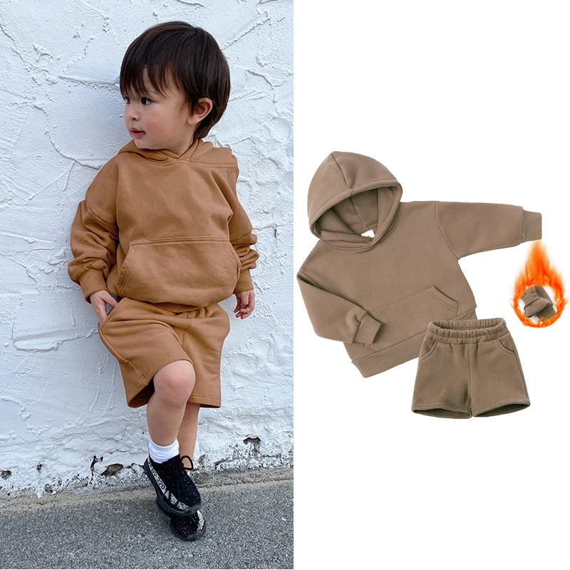 2025 New Winter Kids Boys Girls Clothes 2 Pieces Tracksuit Outfits Set Solid Top Sweatshirt+Elastic Joggers Shorts Causal Suit