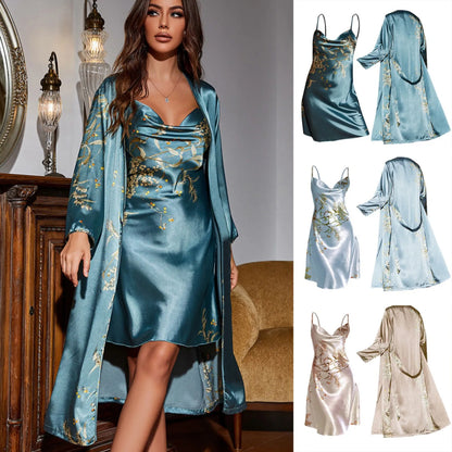 2 PC Robe Sets Luxury Vintage Printed Women Cowl Neck Sleeveless Nightgowns With Long Sleeve Cardigan Women Kimono Home Clothes