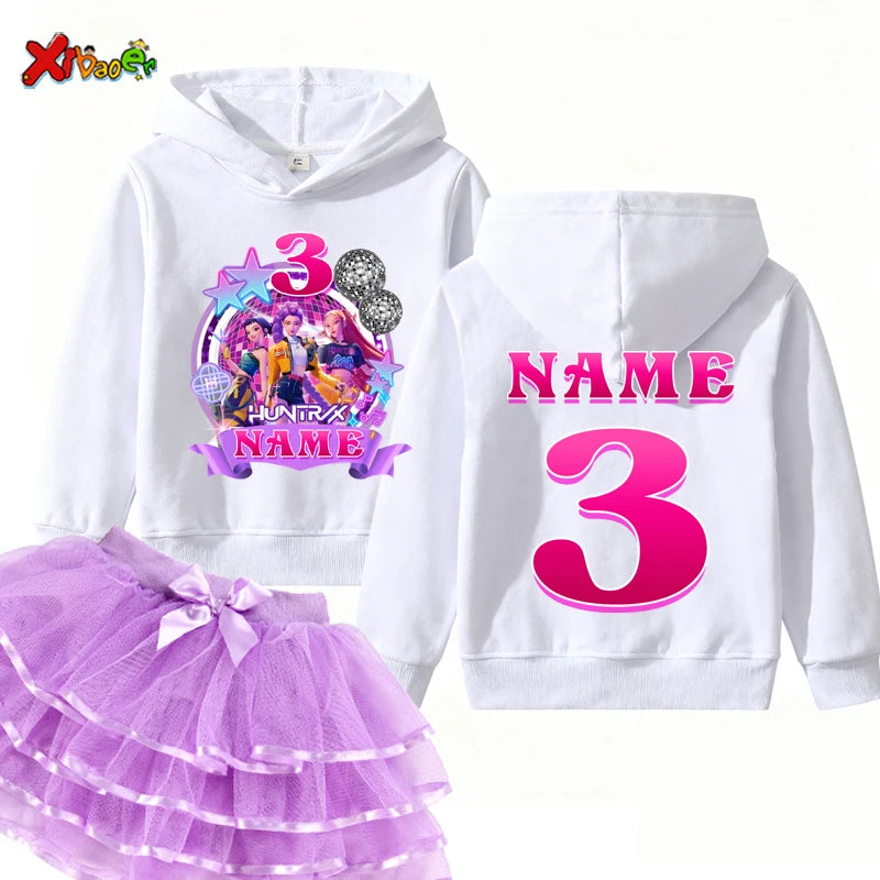 Kpop Hunter Girls Birthday Hoodies Girl Party Outfits Teen Girl Hoodie Kids Hooded Children Sweatshirt Birthday Tutu Set 5th 6th
