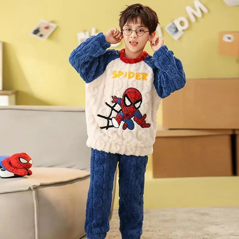 New Autumn Winter Children Flannel Pajama Set Teen Boys Cartoon Spiderman Velvet Thicken Long Sleeves Pants 2pcs Kids Sleepwear