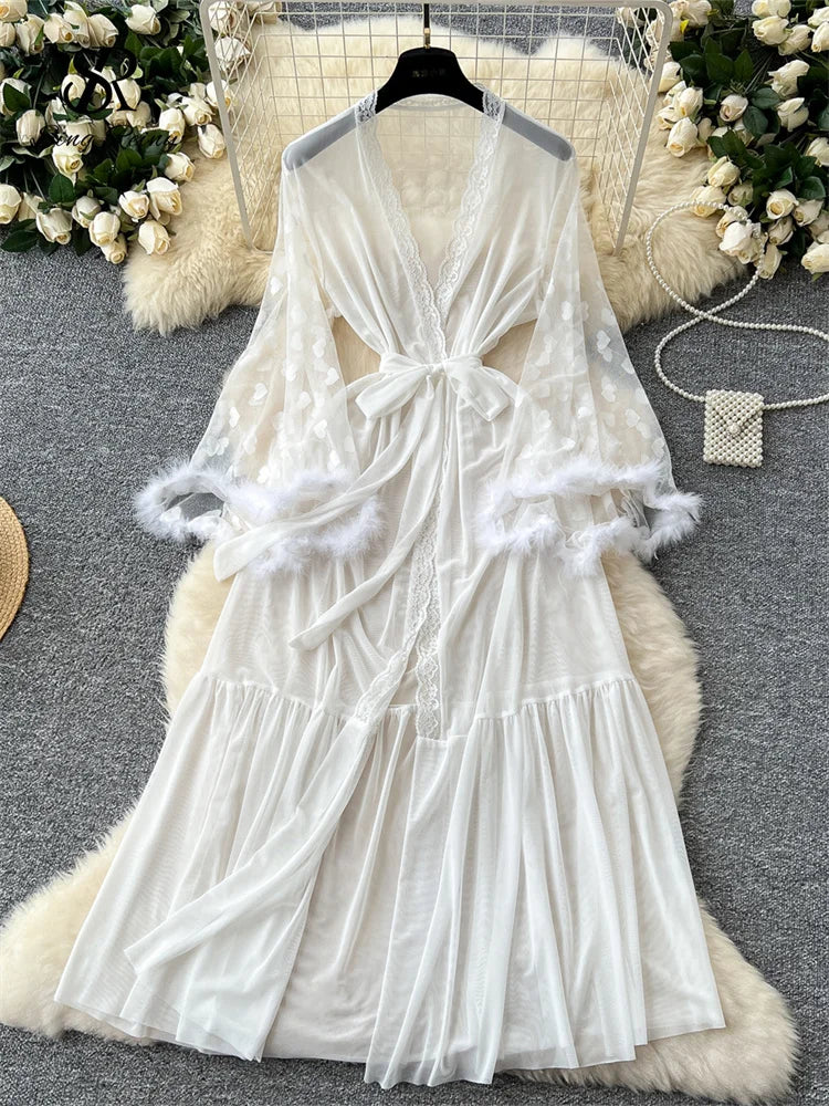 SINGREINY Women Elegant Sheer Sexy Cardigan Robes Wools Spliced Long Sleeve Shawls Fashion French Gauze Transparent Long Robes