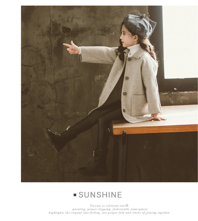Winter Kids Tweed Coats Autumn Girls Warm England Style Mid-Length Jackets Teen Fashion Outerwear Child 5-12 Years Old