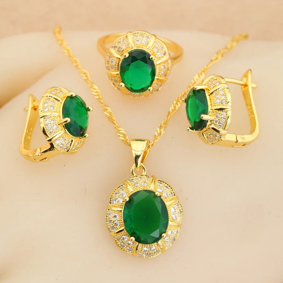 Classic 18K Gold Plated Bridal Jewelry Sets for Women Blue Crystal Club Earrings Necklace Pendant Ring Wedding Gift