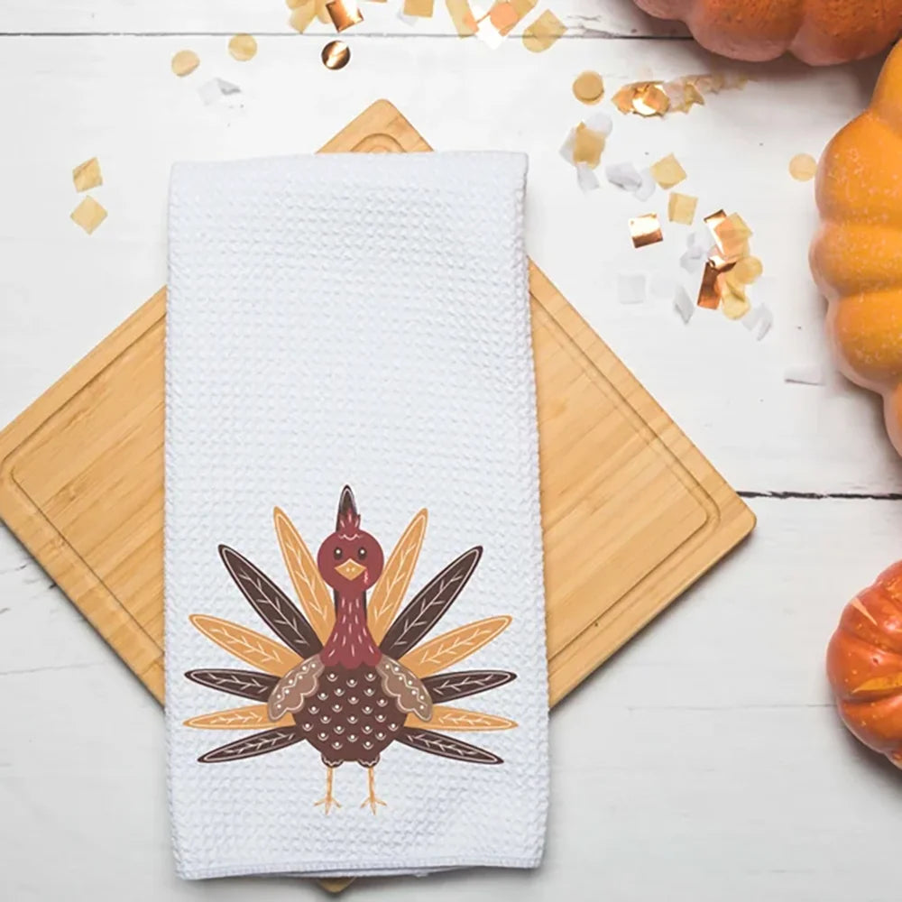 Happy Thanksgiving Waffle Tea Towel Pumpkins Turkey Autumn Dish Towel Fall Kitchen Home Decor New Year Housewarming Hostess Gift