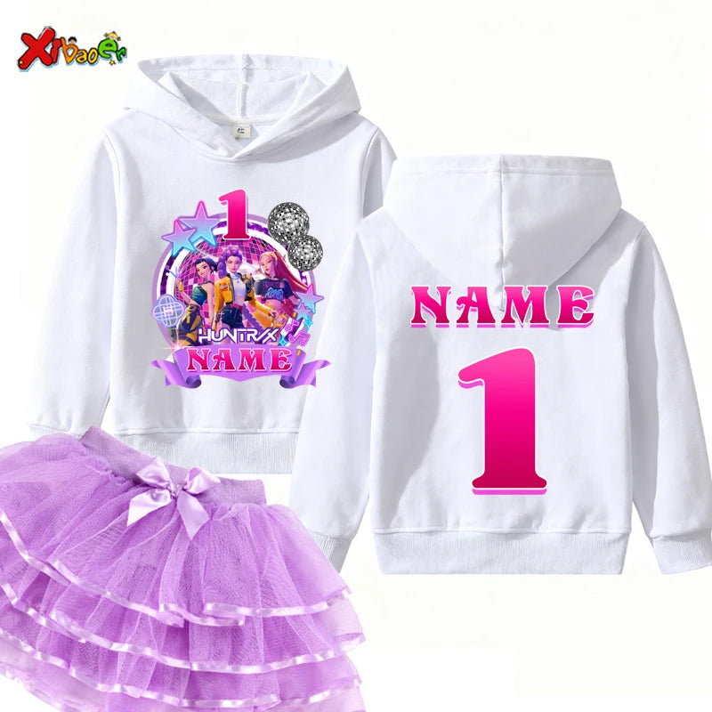 Kpop Hunter Girls Birthday Hoodies Girl Party Outfits Teen Girl Hoodie Kids Hooded Children Sweatshirt Birthday Tutu Set 5th 6th