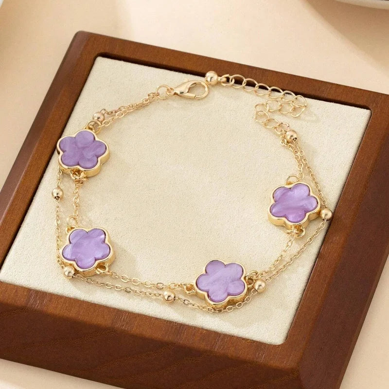 Elegant Double Layer Five-Leaf Clover Anklet for Women Exquisite Lucky Floral Summer Beach Hoilday Jewelry Gifts