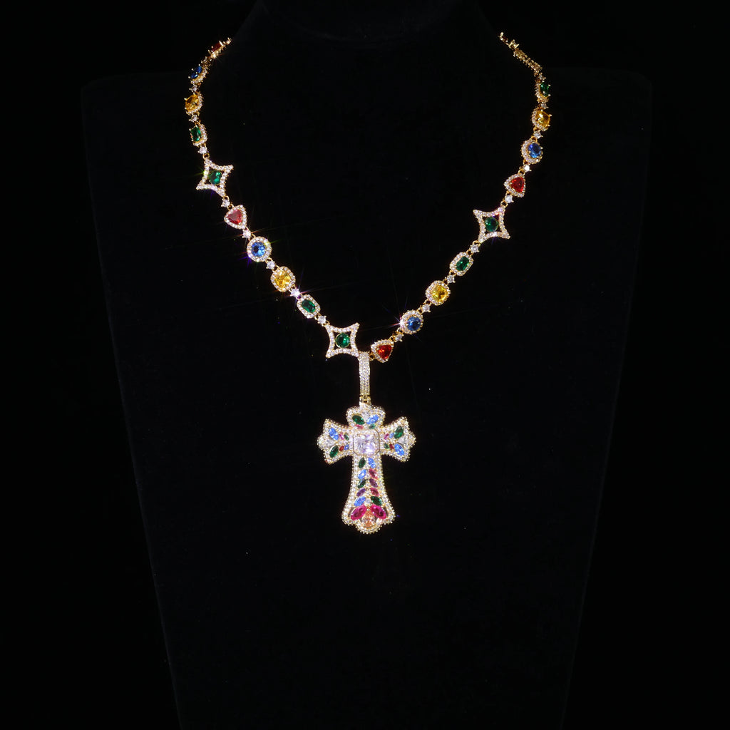 Trendy New Arrivals Cross Pendant Necklace Fancy Cut Diamonds Fashion Iced Out Multi-Colored Gemstones Chain Hip Hop Jewelry