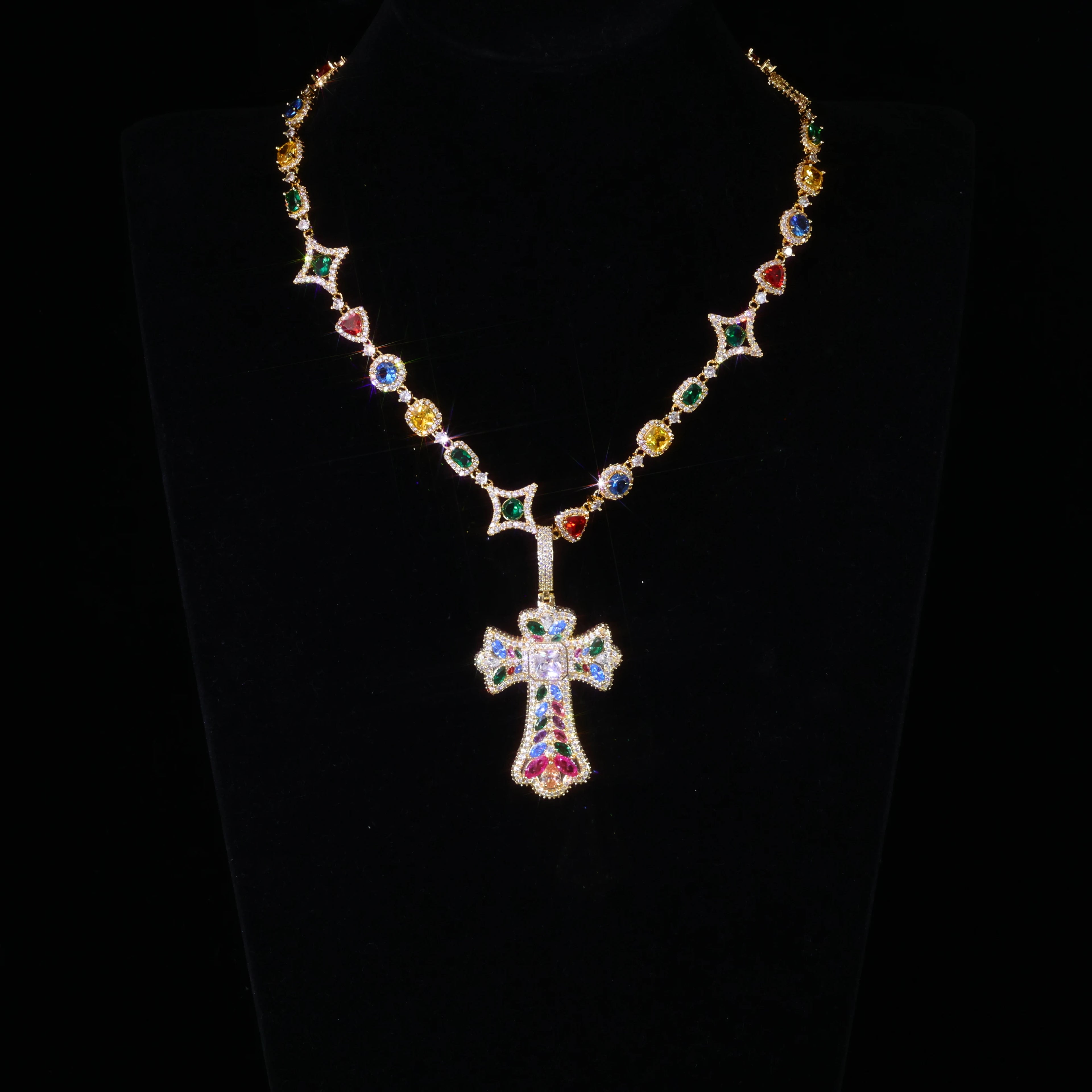 Trendy New Arrivals Cross Pendant Necklace Fancy Cut Diamonds Fashion Iced Out Multi-Colored Gemstones Chain Hip Hop Jewelry
