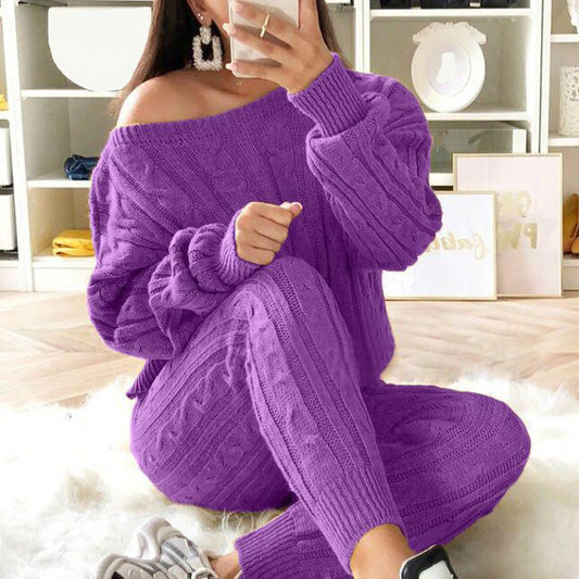 Knitted Pantsuit 2024 Ladies Solid Color Round Neck Cable Warm Sweater High Waisted Tight Elastic Bodysuit Slim Women Trousers