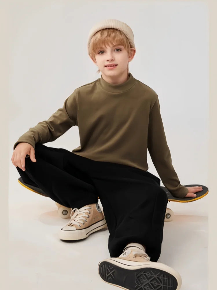 Kids High-necked Pullover Hoodies Autumn Winter Warm-keeping T-shirt Soft Comfortable Base T-shirt Boys Girls Windproof Hoodies