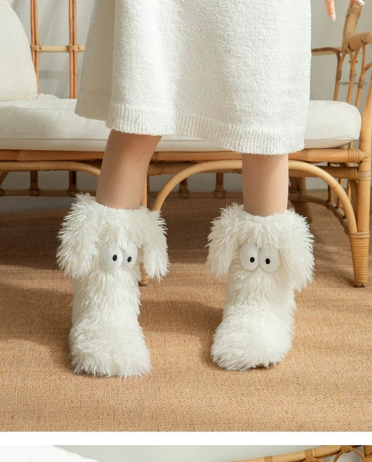 Women's Men Winter Kawaii Big Eyes Slipper Socks with Puppy Ears Cartoon Non-slip Floor Socks Warm Thickened Coral Stockings  ﻿